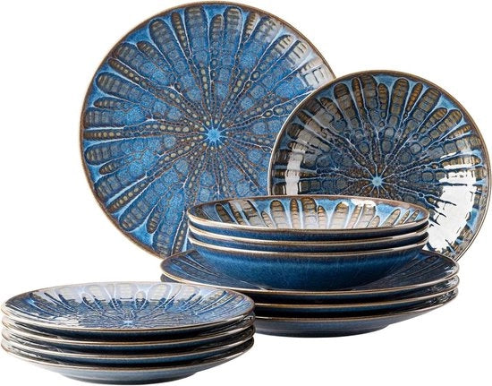 Set di piatti ceramici per 4 persone - piatti, zuppiera e piatti per dessert - servizio da tavola da 12 pezzi di ceramica di alta qualità - set di piatti blu per 6 persone