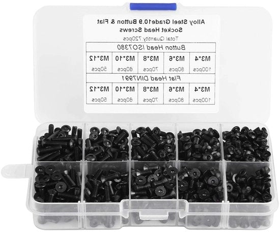 Assortimento di Viti in Acciaio Nero con Confezione Plastica - 720 pezzi - M3 - Viti a Testa Piana/Chiodata a 5 Viti Inbus