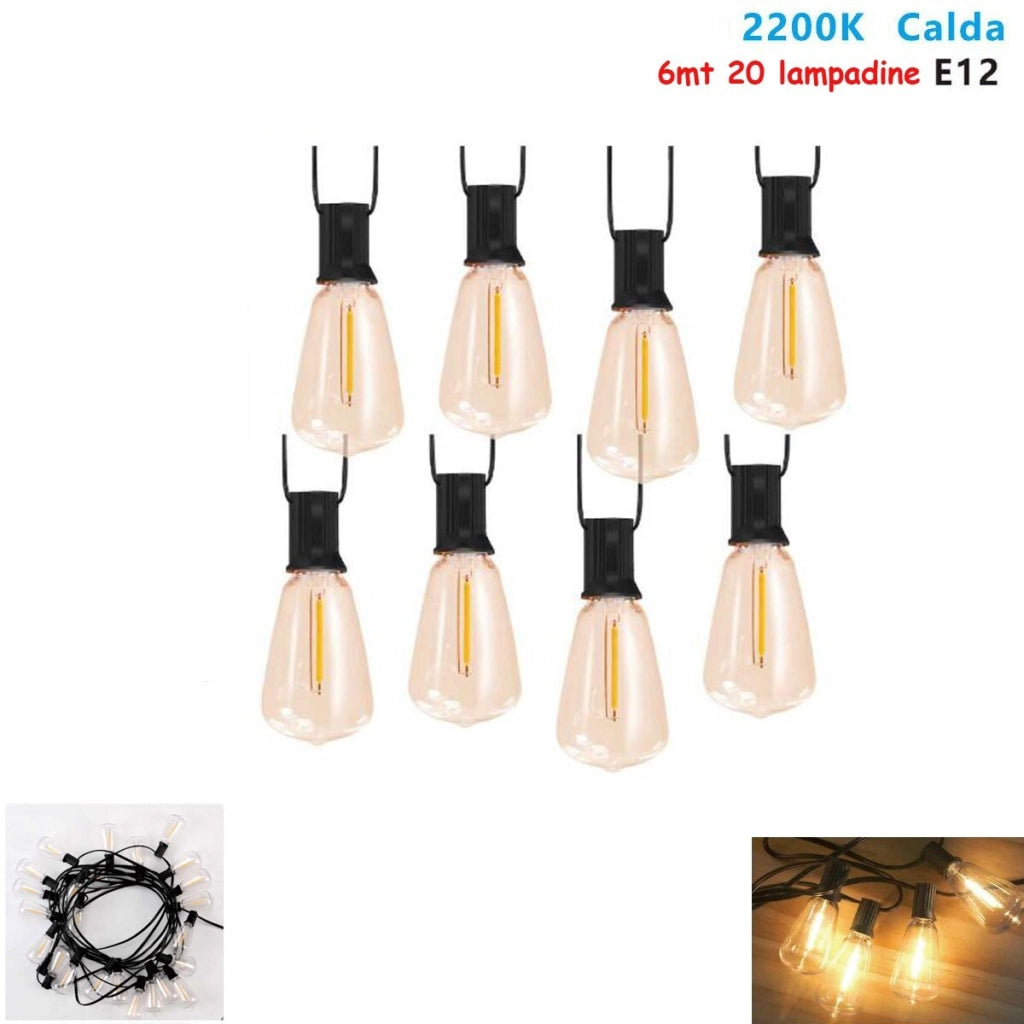 CATENARIA CATENA LUMINOSA 6MT CON 20 LAMPADINE E12 ESTERNO LUCE CALDA 2200K