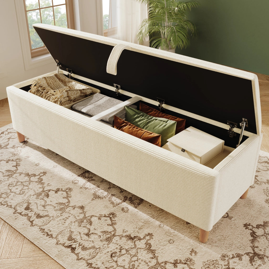 Panca letto contenitore in tessuto beige 175x38 cm con vano portaoggetti idraulico