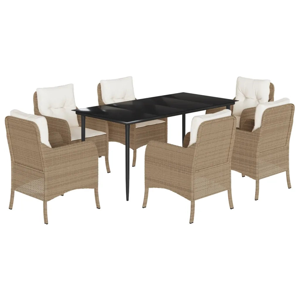 Set da Pranzo da Giardino 7 pz con Cuscini Beige in Polyrattan