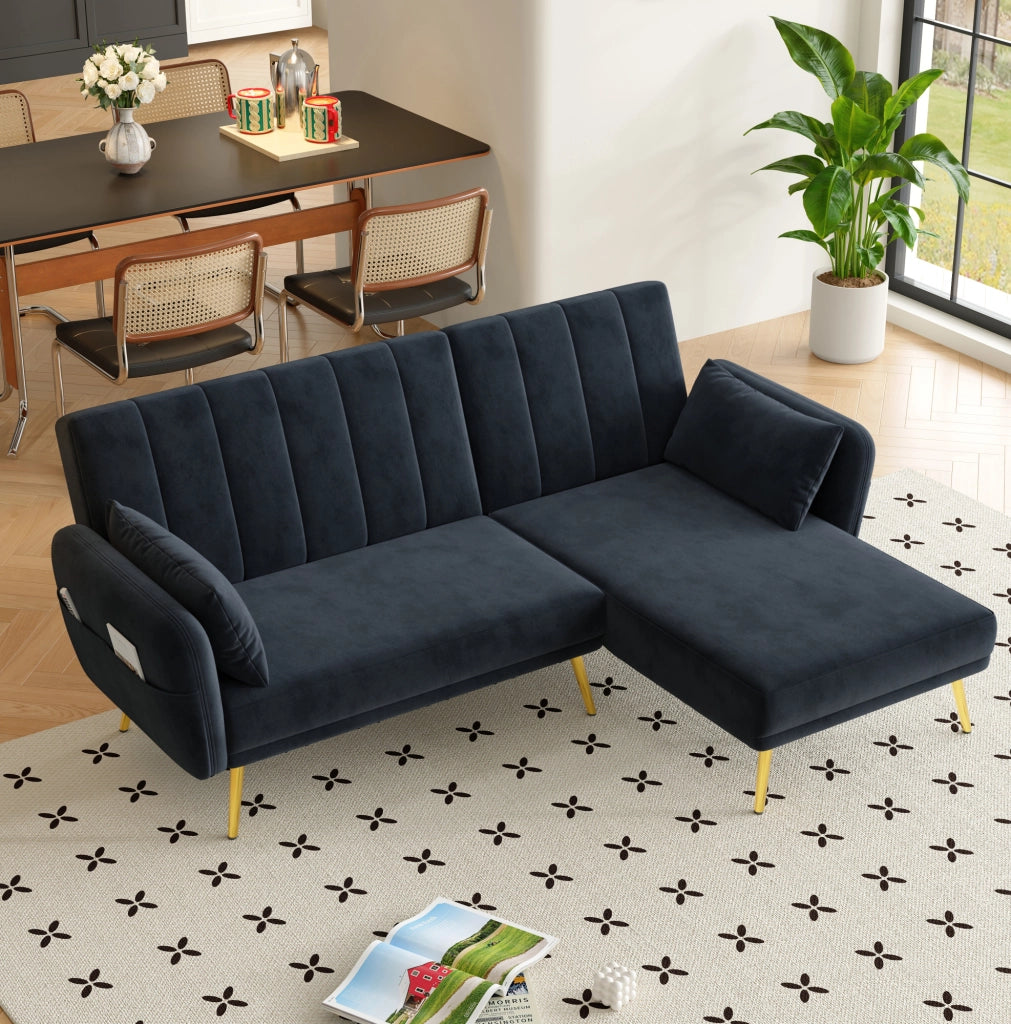 Divano angolare multifunzione con chaise longue reversibile; schienale regolabile; nero