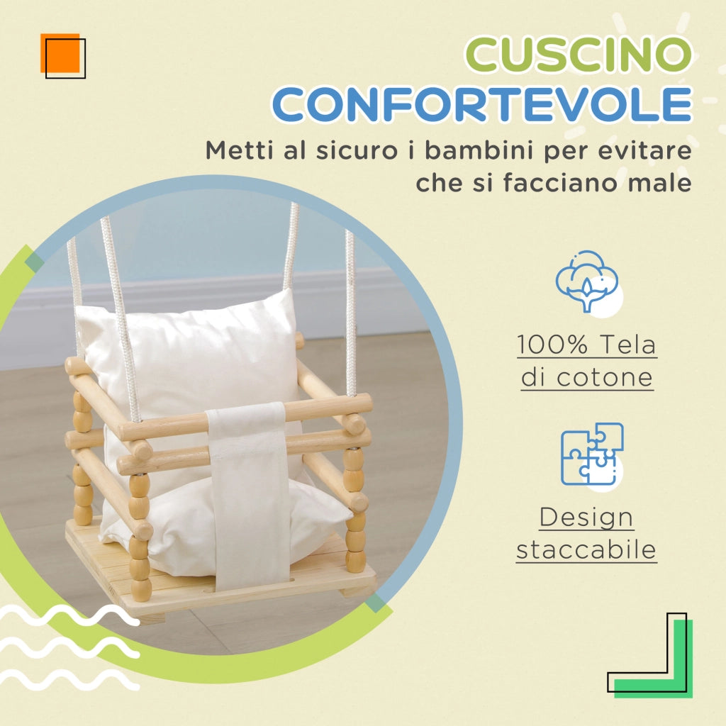 Altalena Bambini in Legno e Cotone con Cuscino Regolabile ¨C zephmum ¨C 30x30x110-180 cm