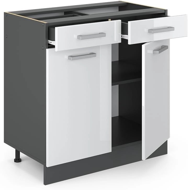 Mobiletto base per cucina R-Line, Bianco lucido, 80 cm senza piano di lavoro, per la libera combinazione all'interno di sistemi cucina modulari
