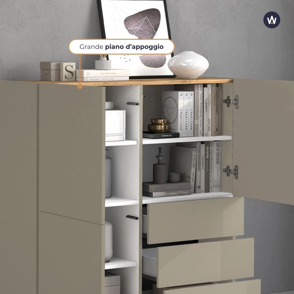 WHOUS Credenza Garda a 3 ante e 3 cassetti tortora opaco e rovere 102x35x110 cm