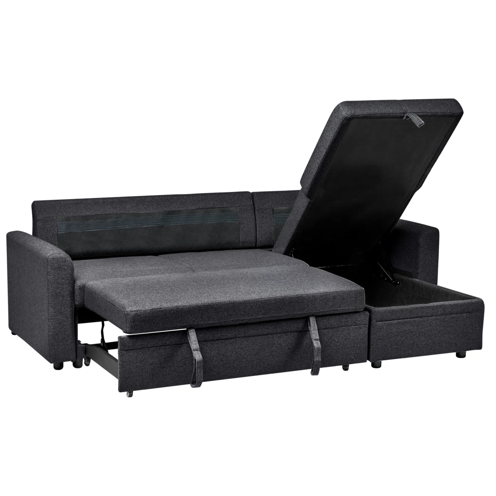 Divano letto angolare con contenitore lato sinistro nero rivestimento in poliestere effetto lino contenitore cuscini design moderno