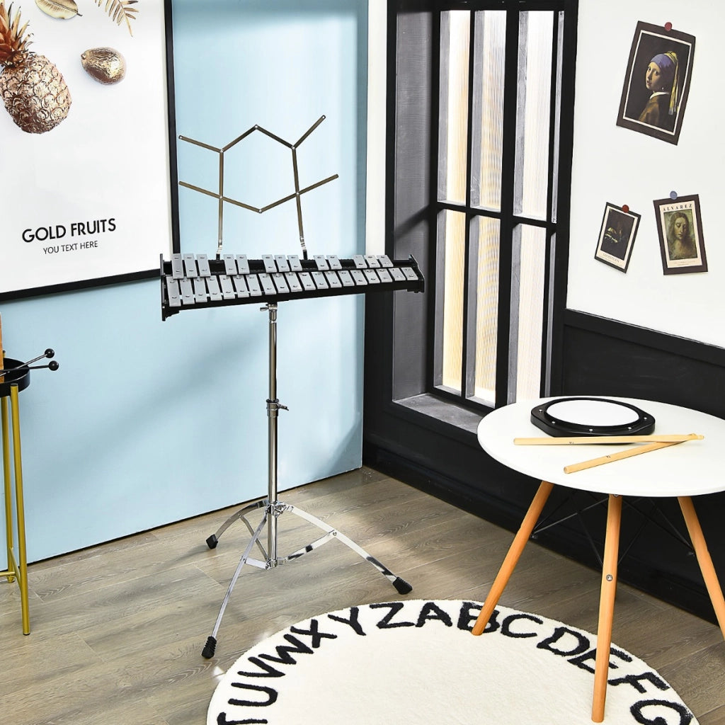 Set glockenspiel a 32 note con supporto regolabile leggio musicale pad per allenamento, Metallofono pieghevole