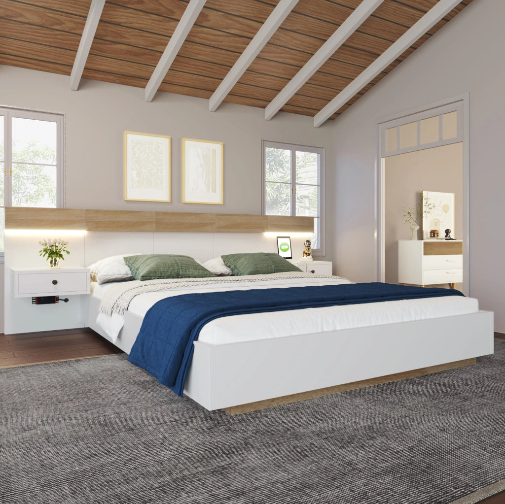 Letto matrimoniale 160x200 cm con 2 comodini LED; USB e USB-C; rovere Sonoma e bianco