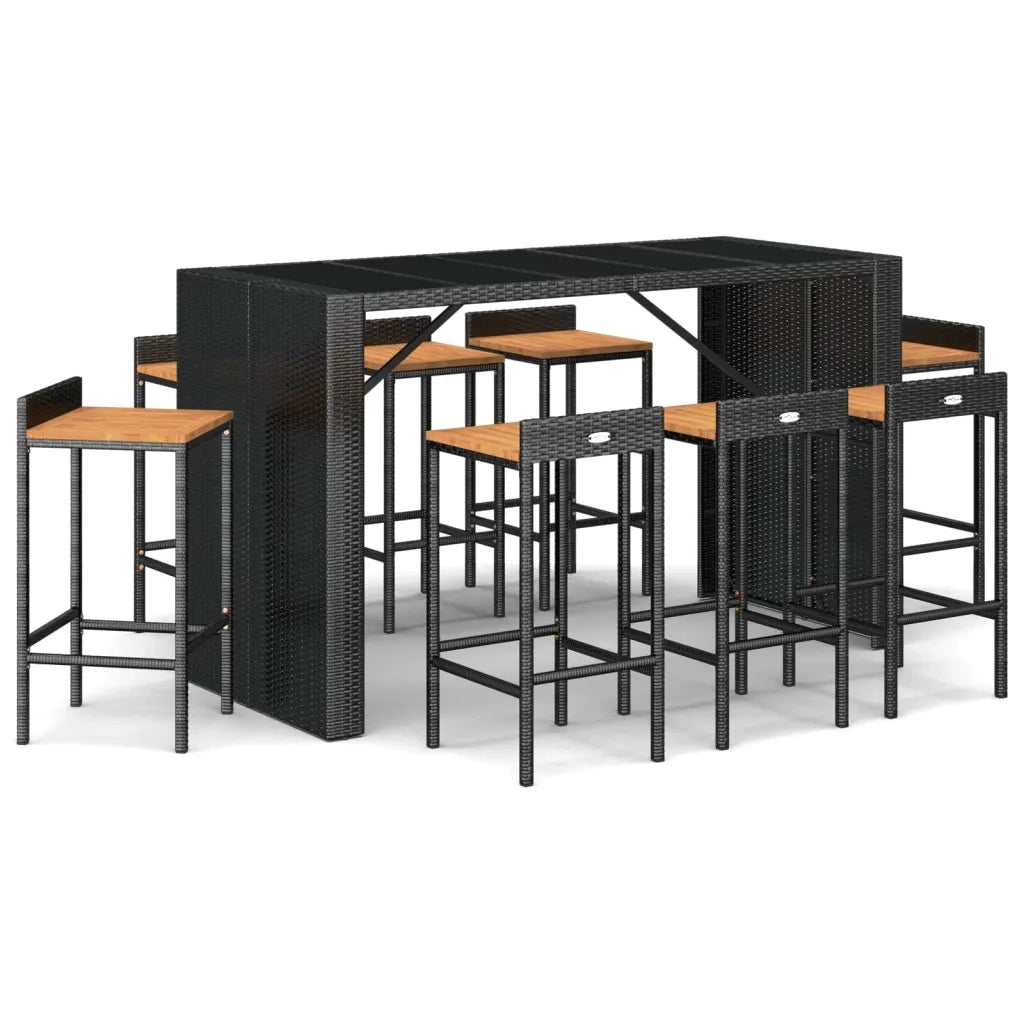 Set Bar Giardino 9 pz Nero Polyrattan e Legno Massello Acaciacod mxl 124614