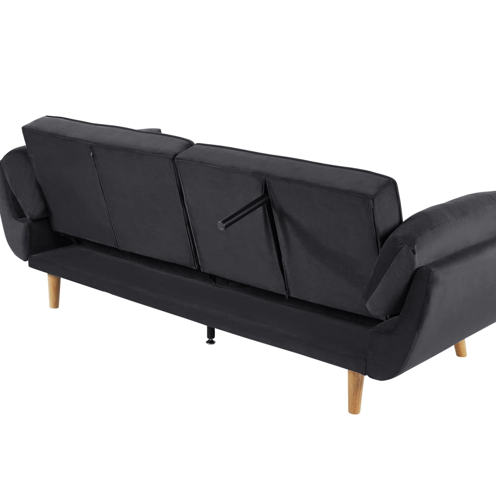 Divano Letto Tessuto Velluto Nero 3 Posti Gambe In Legno Imbottitura In Schiuma Imbottitura Biscuit Schienale Diviso