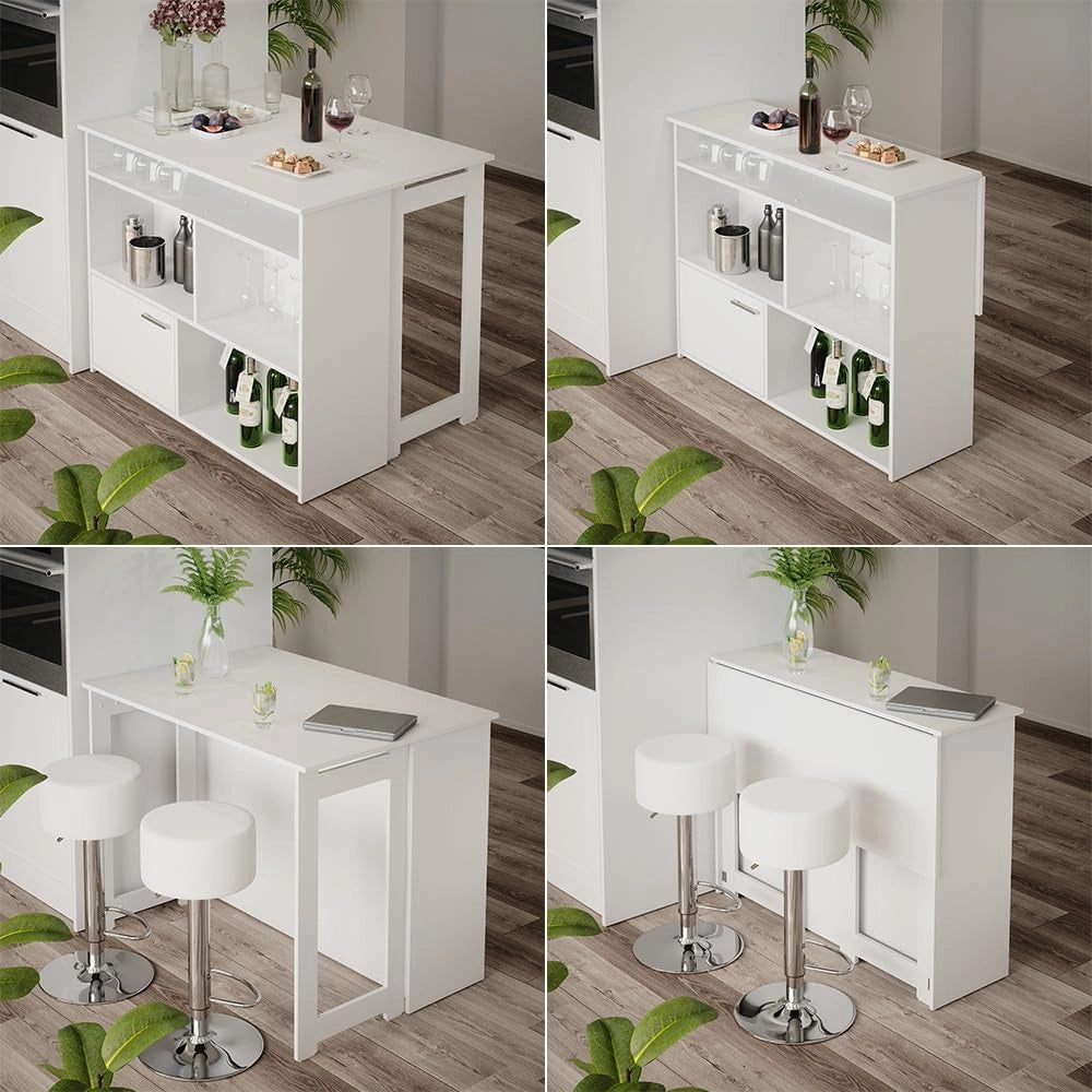 Tavolo bar alto Dominic, Bianco, 116 x 37 cm 4x scomparti aperti e 1x porta, piano del tavolo pieghevole per un utilizzo flessibile in spazi ridotti