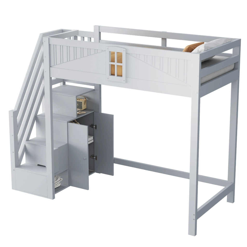 OKWISH Letto a Soppalco 90×200 cm, Letto Singolo con Sponde di Sicurezza, Scala Reversibile e Ripiani Laterali, senza Materasso, Grigio