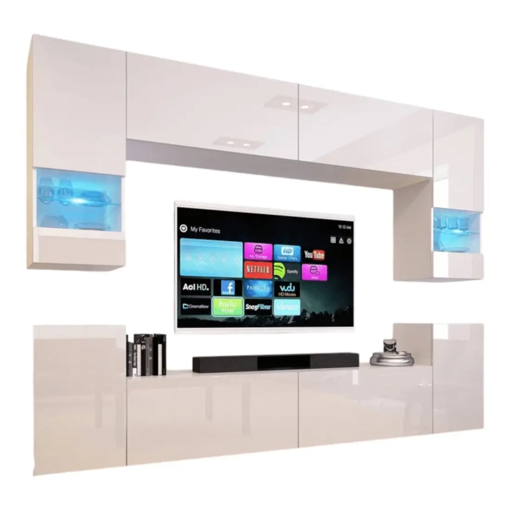 Set di mobili da soggiorno bianchi, sospesi, collezione CEPTO XXVII. 240cm, 8 pezzi, con LED, modulari.