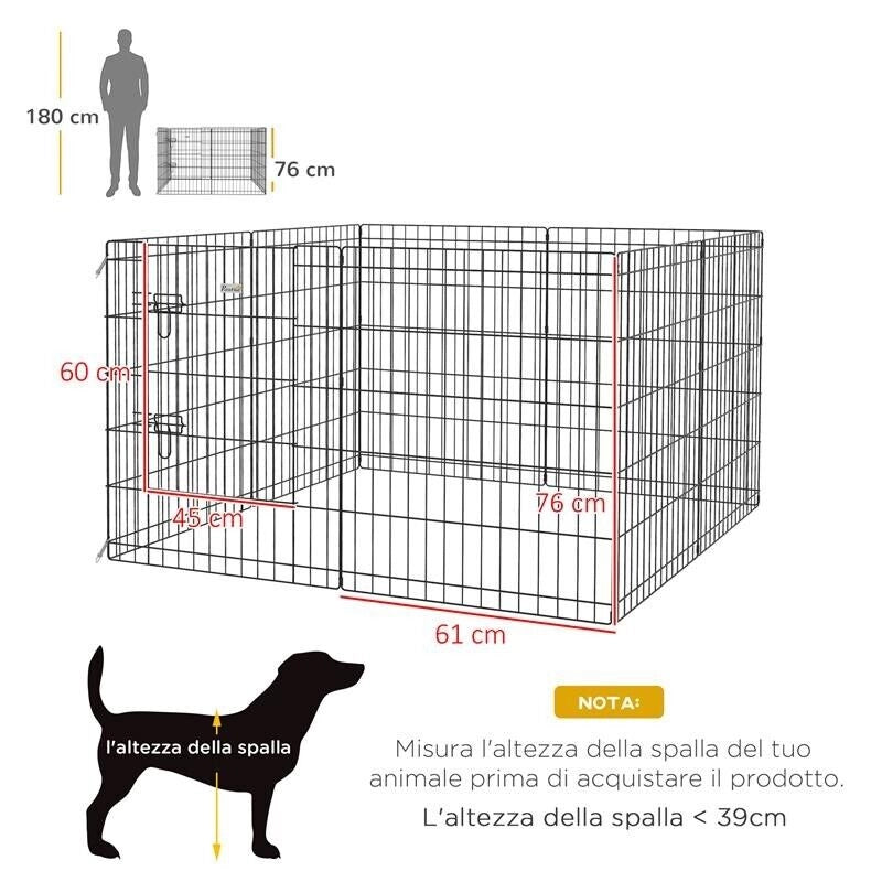 RECINTO PER CANI E CUCCIOLI, BOX PER ANIMALI DA 8 PEZZI IN FILO DI FERRO, 76 X 61CM NERO