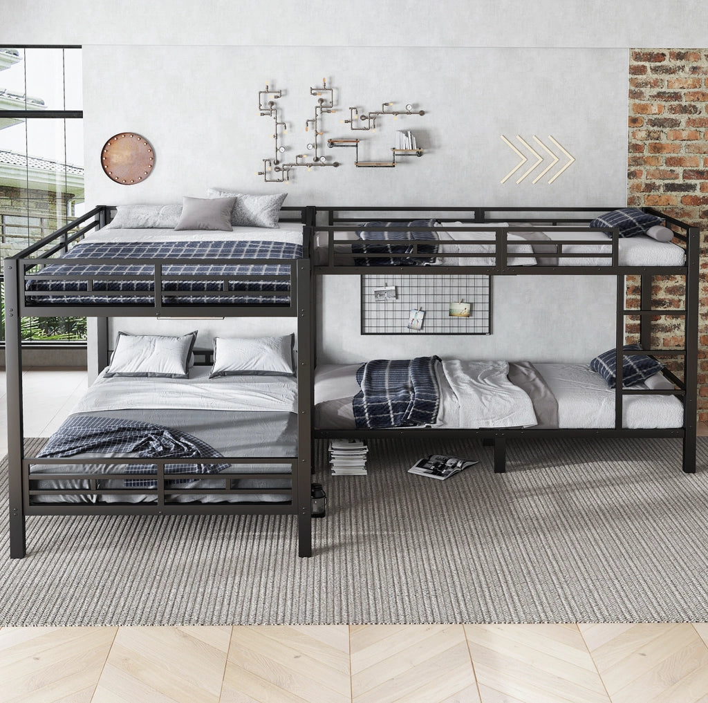 Letto a castello ULEVR 90x200 e 140x200 cm in ferro nero con rete a doghe e scala a 3 gradini