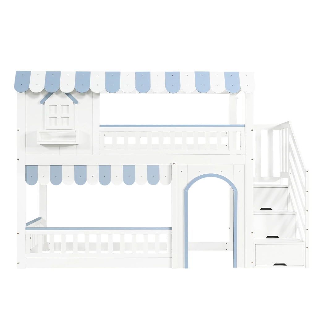 Letto a castello per bambini 90x200 cm con scala contenitore e sponde di sicurezza; bianco e blu