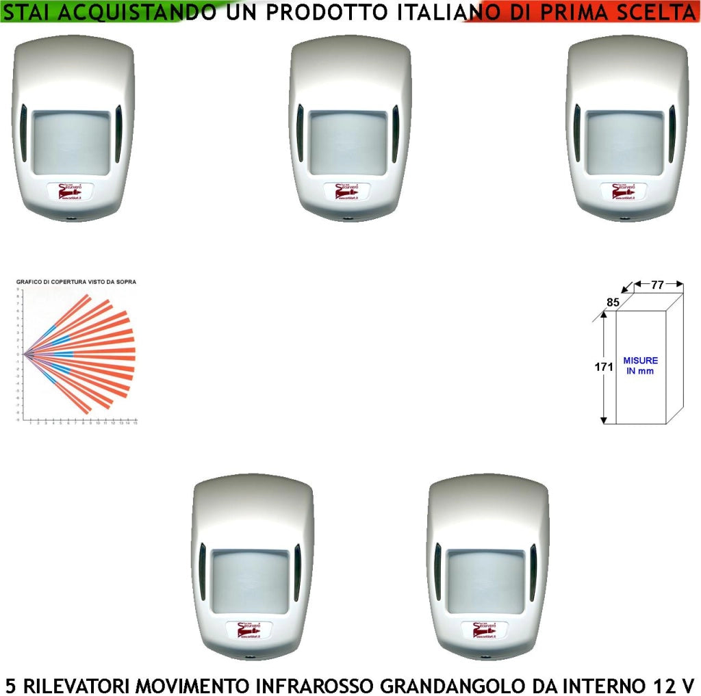 Infrarosso Rilevatore di Movimento Grandangolo Cinque Pezzi Per Allarme Portata 15 MT da Interno Rileva Intruso Entro 90 Gradi Aliment. 12 V Assorb. 10 mA Lente 18 Fasci Contenitore ABS Bianco Snodo