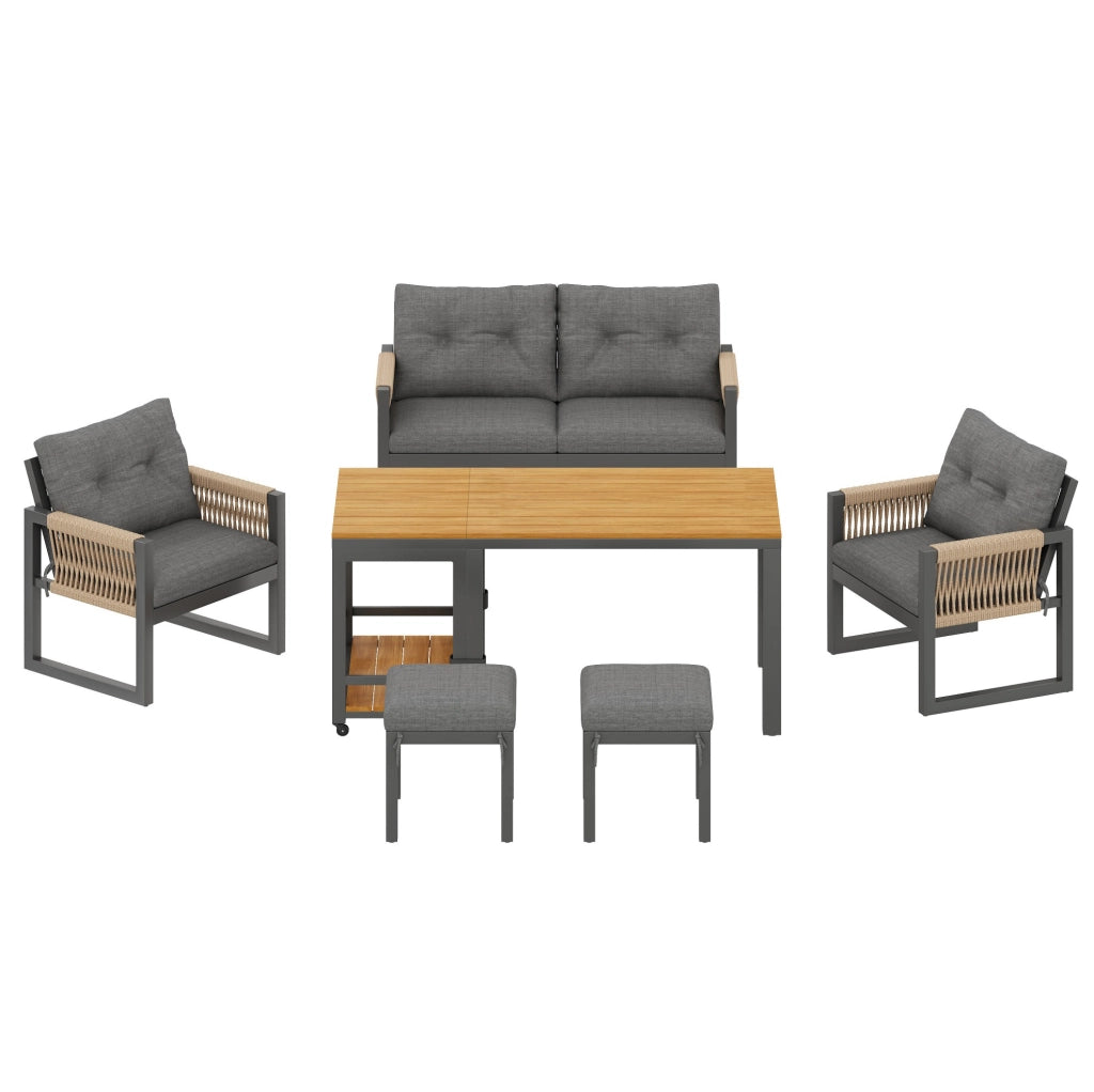 Set da giardino moderno con tavolo removibile; 2 posti; 2 poltrone e 2 pouf; grigio e naturale