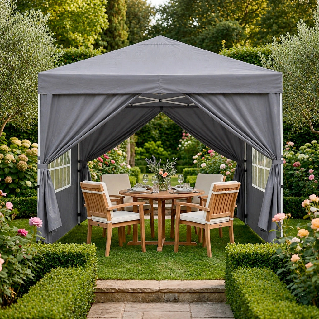 Gazebo Pop Up Da Esterno Con Pannelli Laterali Finestre Traslucide Copertura Impermeabile UV50+ Telaio Robusto In Acciaio Per Eventi E Giardino 3 x 3 x 2.59 m Grigio