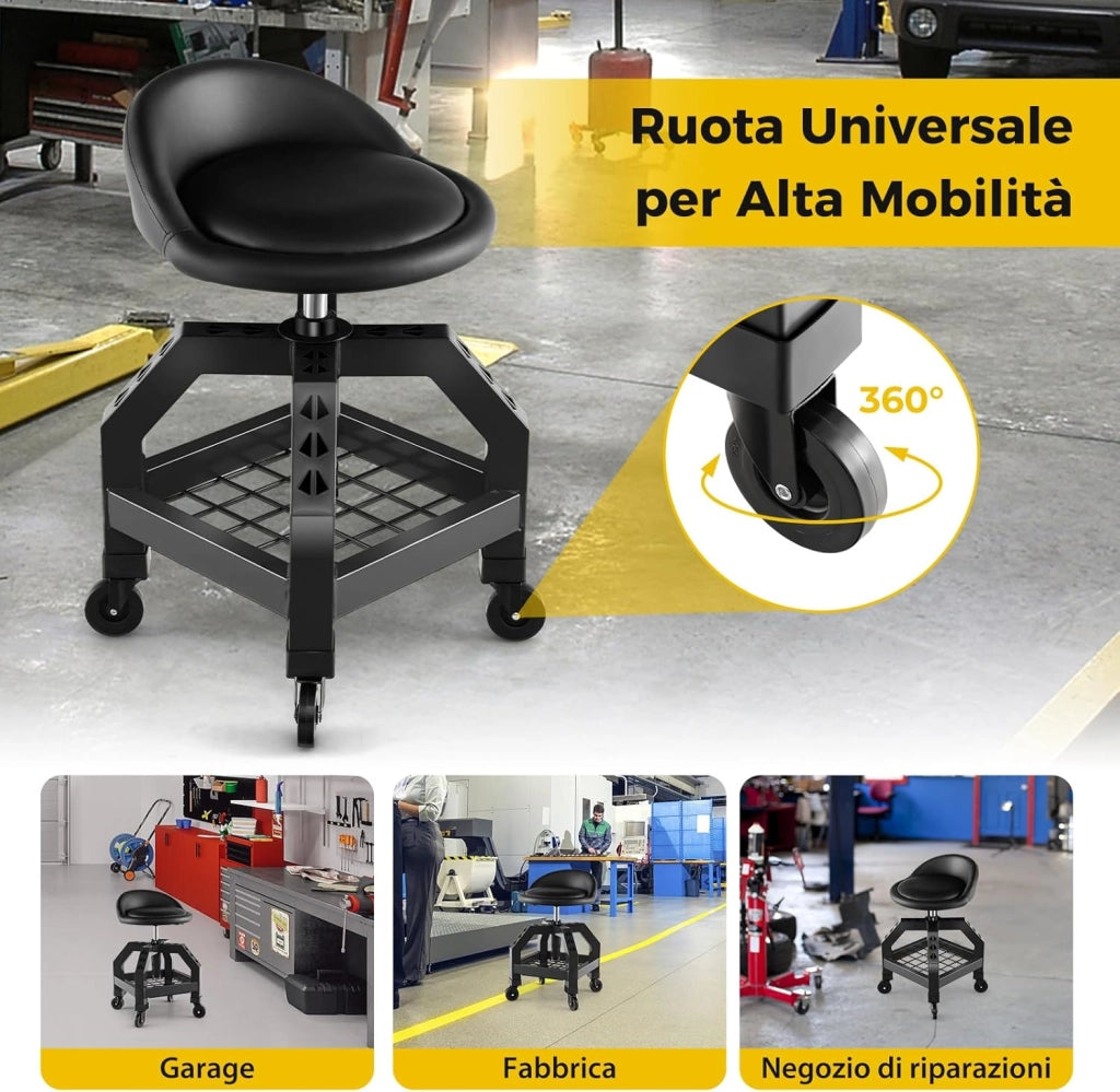 Sgabello da Officina, Sgabello Meccanico Rotante con Vassoio Porta Attrezzi, Regolabile in Altezza e 4 Ruote Universali, Capacità di 150 kg, per Garage, Officina (Nero)