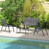 Set da Giardino con Divano 2 Posti, 2 Poltrone Impilabili e Tavolino in Vetro, Nero