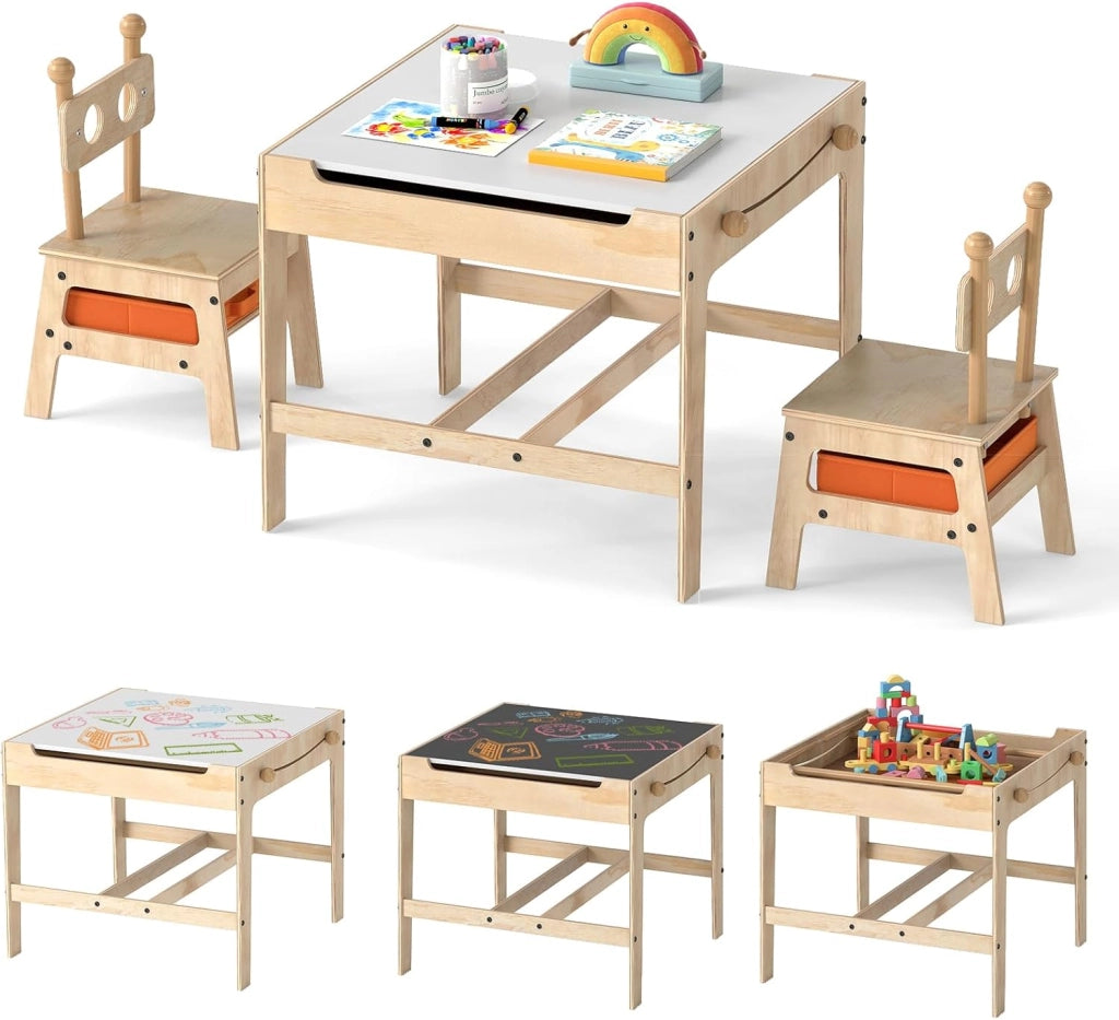 4 in 1 Set Tavolo e Sedie per Bambini 3+ Anni, Tavolo in Legno con Lavagna Reversibile Bianca e Nera, Sedie Ergonomiche con 2 Cassetti Portaoggetti, Ideale per Arti, Mestieri e Giochi (Robot)