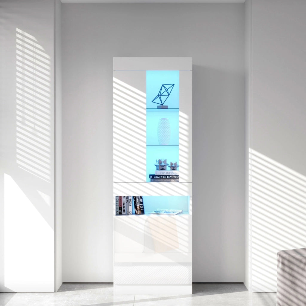 Credenza alta con ripiani in vetro LED USB e ante per soggiorno e ufficio in truciolato bianco 50 × 40 × 180 cm