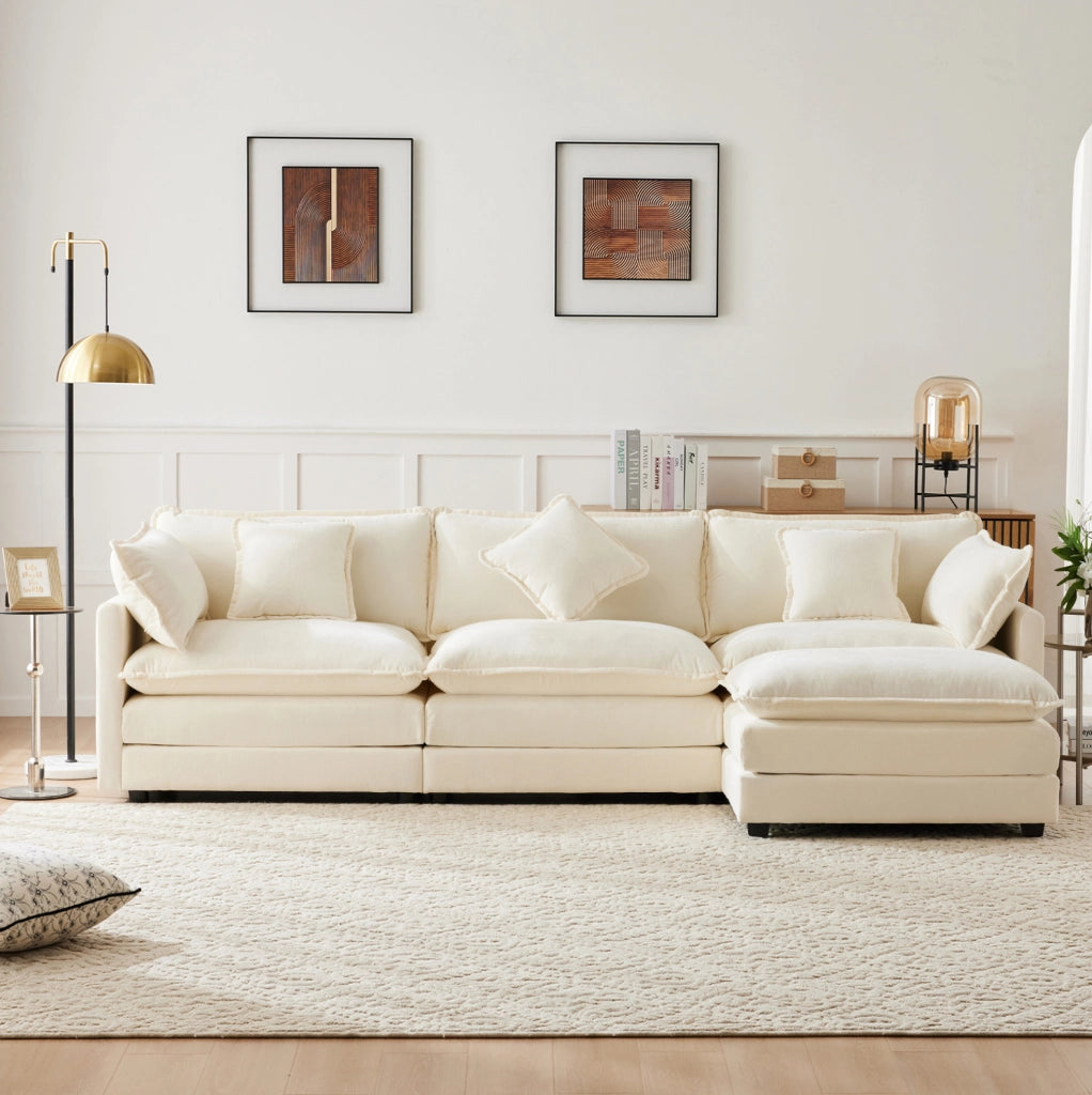 Divano a 3 posti con chaise longue a L e pouf mobile; in ciniglia beige; 283x147x84 cm