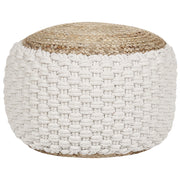 Pouf ottomano bianco e beige in cotone lavorato a maglia, iuta e perline EPS, poggiapiedi rotondo di piccole dimensioni 50 x 35 cm in stile bohémien.