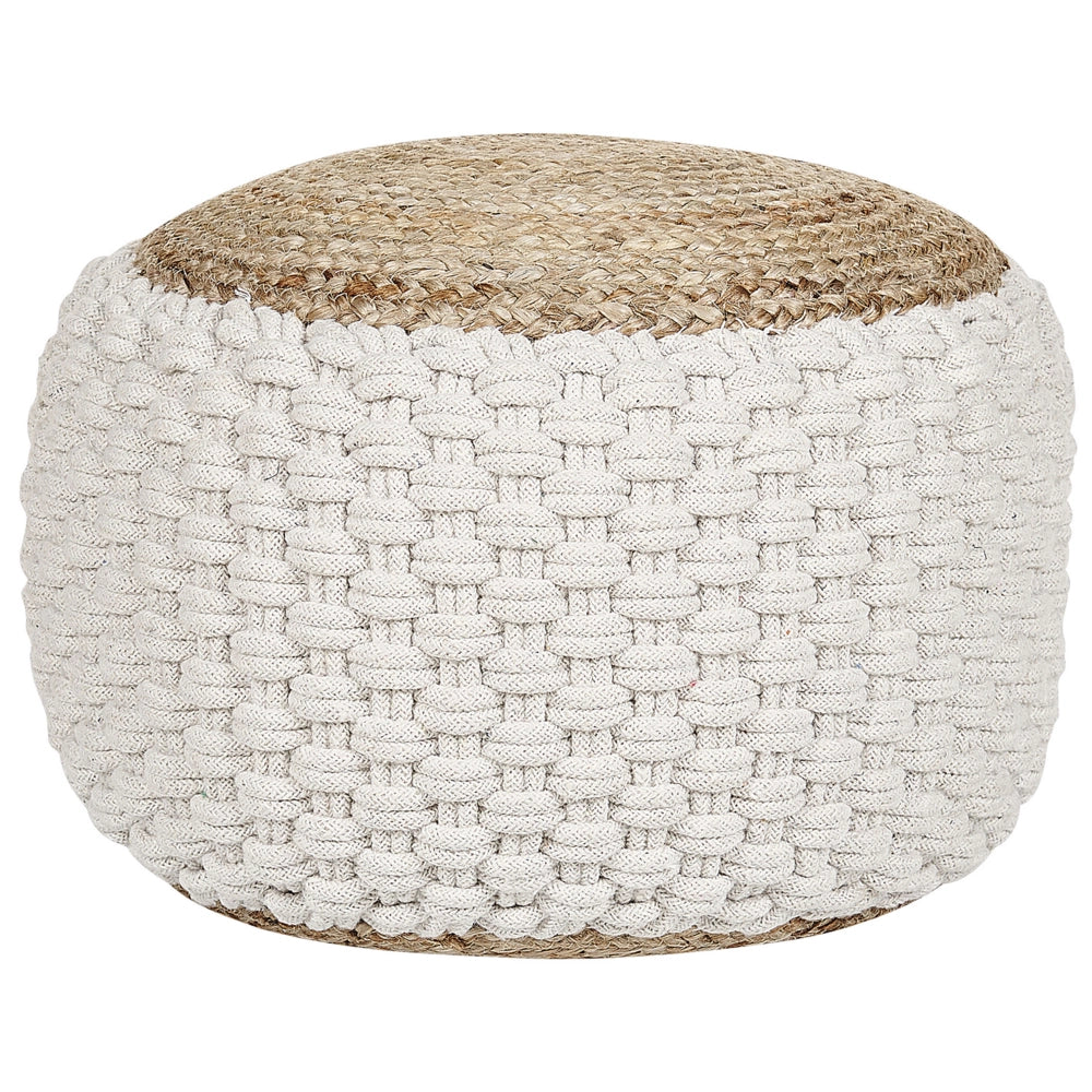 Pouf ottomano bianco e beige in cotone lavorato a maglia, iuta e perline EPS, poggiapiedi rotondo di piccole dimensioni 50 x 35 cm in stile bohémien.