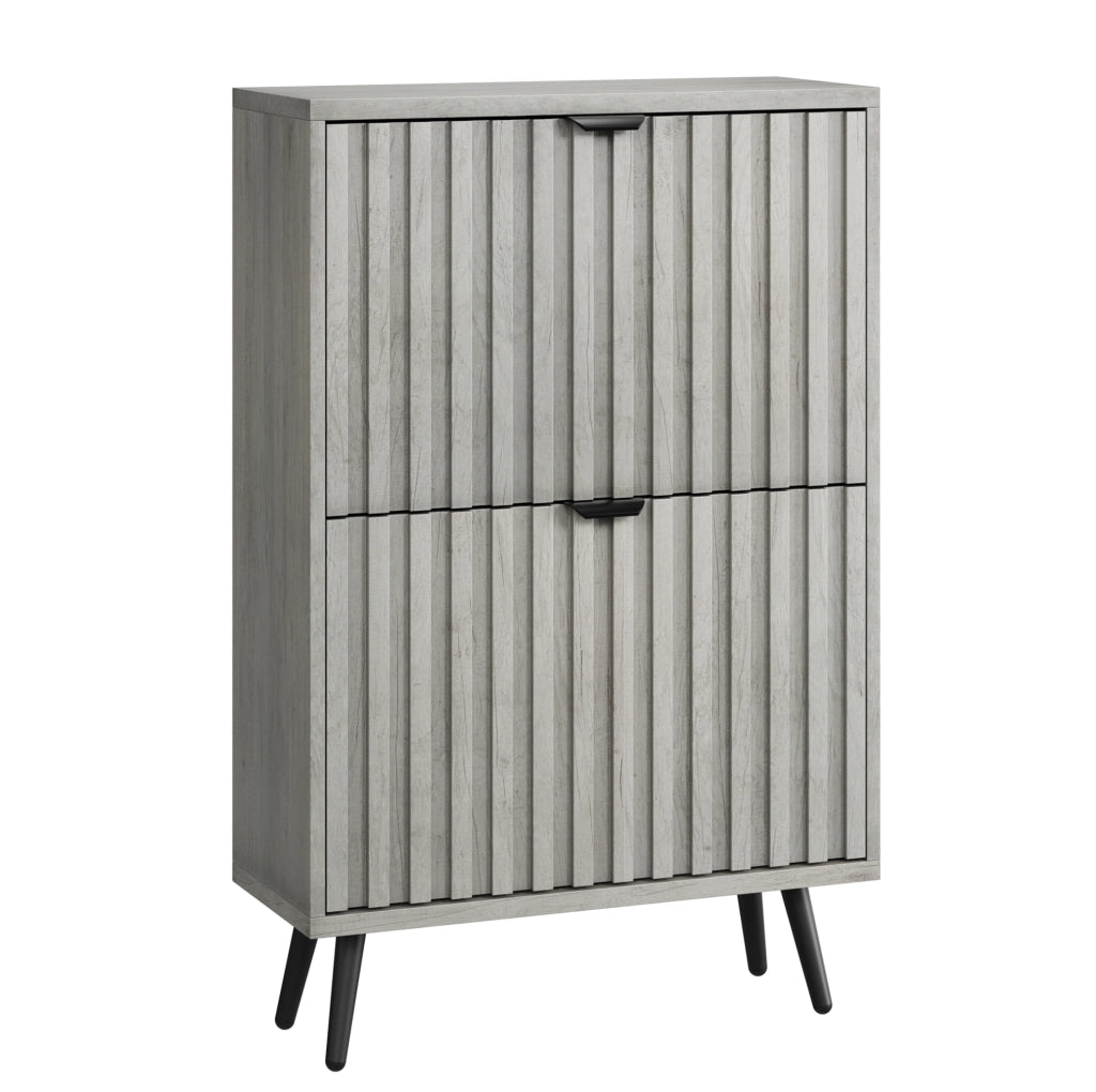 Mobile portascarpe con 2 ante ribaltabili; design scanalato in MDF e truciolare grigio