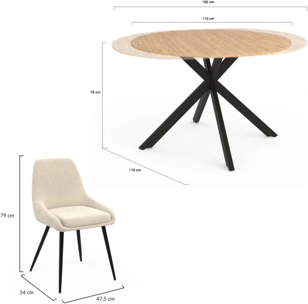 Set di Tavolo da Pranzo Rotondo allungabile Alix in Legno e Nero da 110-150 cm e 4 sedie in Velluto Beige THALYA