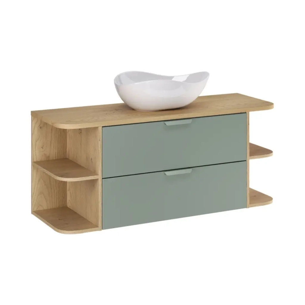 Set OSTER 120cm: mobile sottolavabo con cassetti verde salvia e nicchie a vista + piano per lavabo + lavabo da appoggio bianco