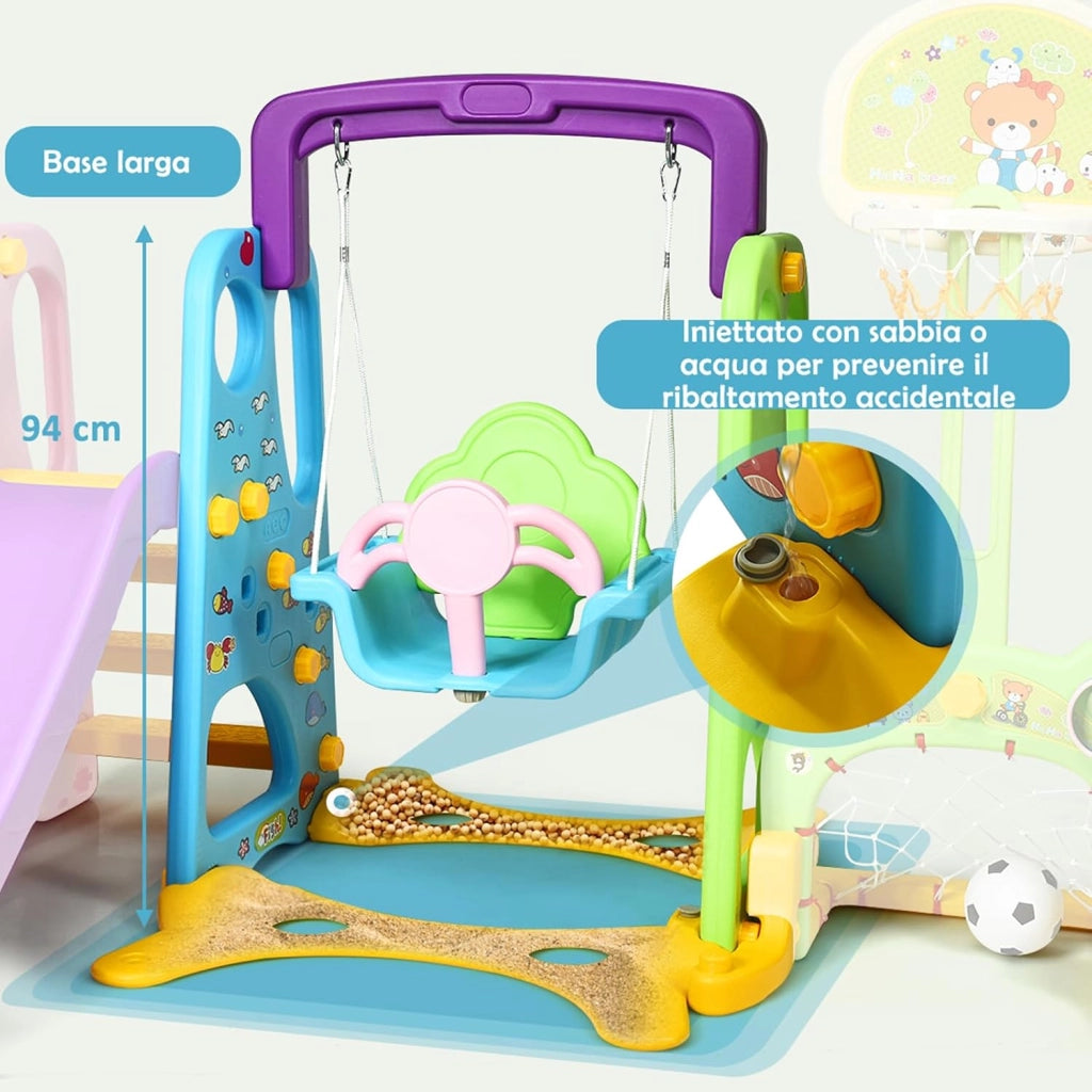 Parco Giochi 6 in 1 Multi Giochi da Giardino, con Altalena e Scivolo, Pallacanestro e Porta da Calcio, 209x174x115 cm, per Bambini 3-8 Anni (Viola)