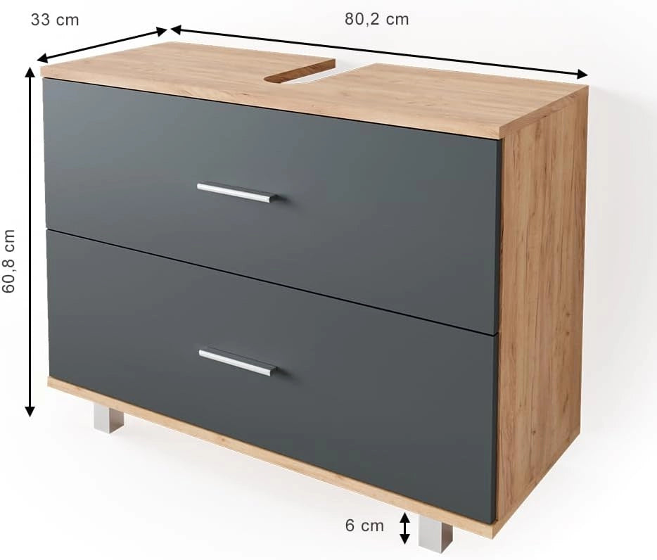 Mobile sottolavabo per bagno Ilias, Antracite/quercia dorata, 80 x 60.8 cm, con ritaglio per sifone e aperture di ventilazione laterali