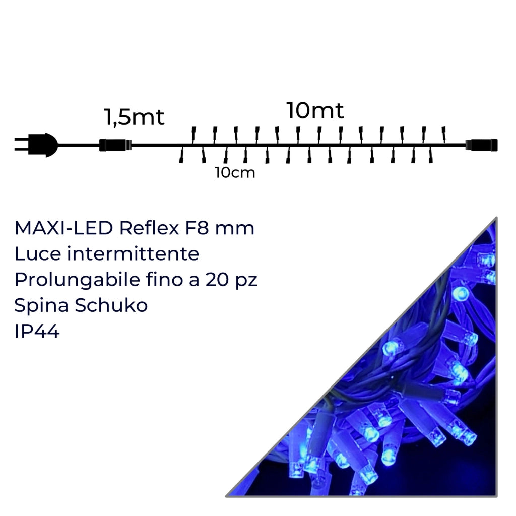 CATENA LUMINOSA PROFESSIONALE 100 MEXI-LED 10M LUCE BLU FISSA E BIANCA FLASH - ESTENDIBILE FINO A 200M PER DECORAZIONI ESTERNE DI ALTA QUALITA'