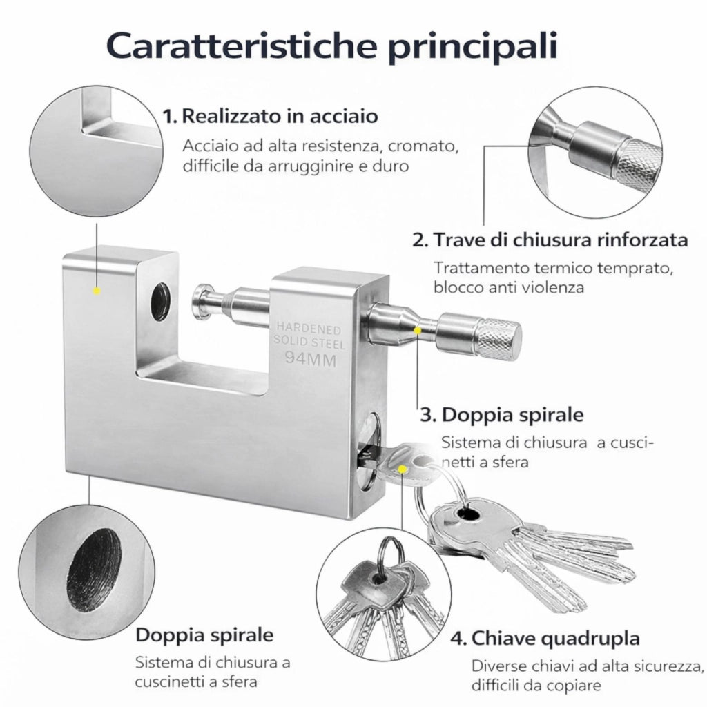 Lucchetto Corazzato in Acciaio Temprato 94 mm Antiscasso con Catenaccio e 5 Chiavi 310573