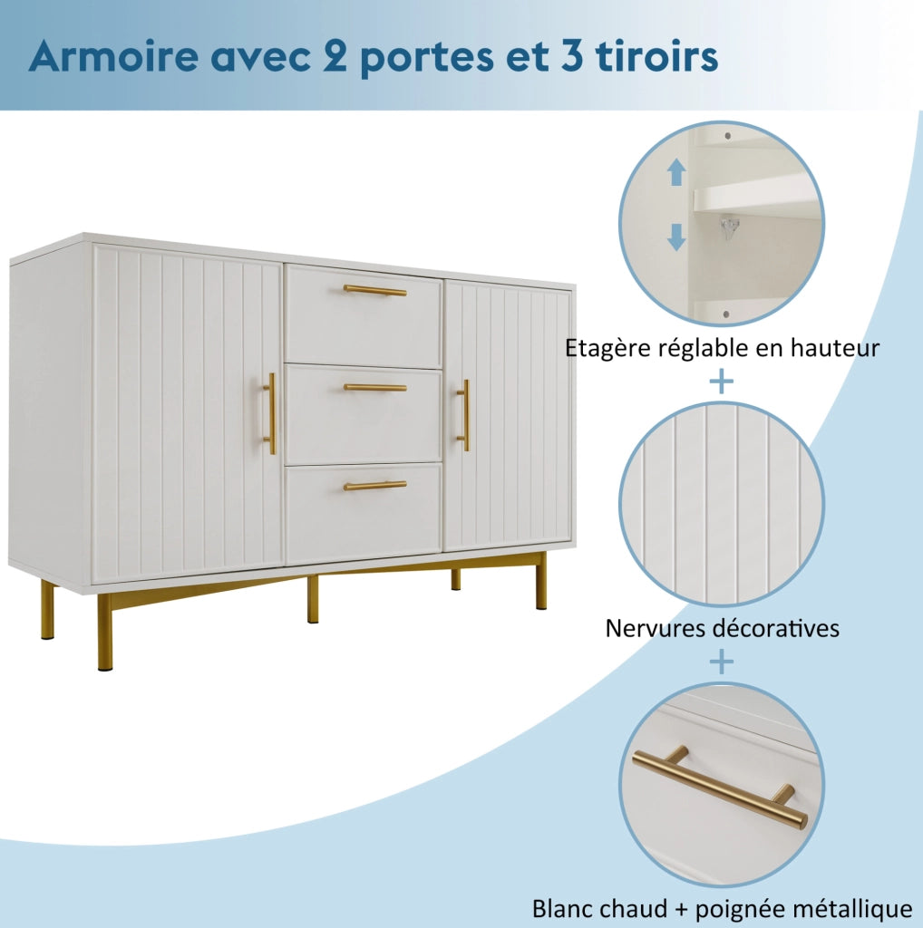Credenza moderna con 2 ante e 3 cassetti; ripiano regolabile; 120x40x75 cm; bianco