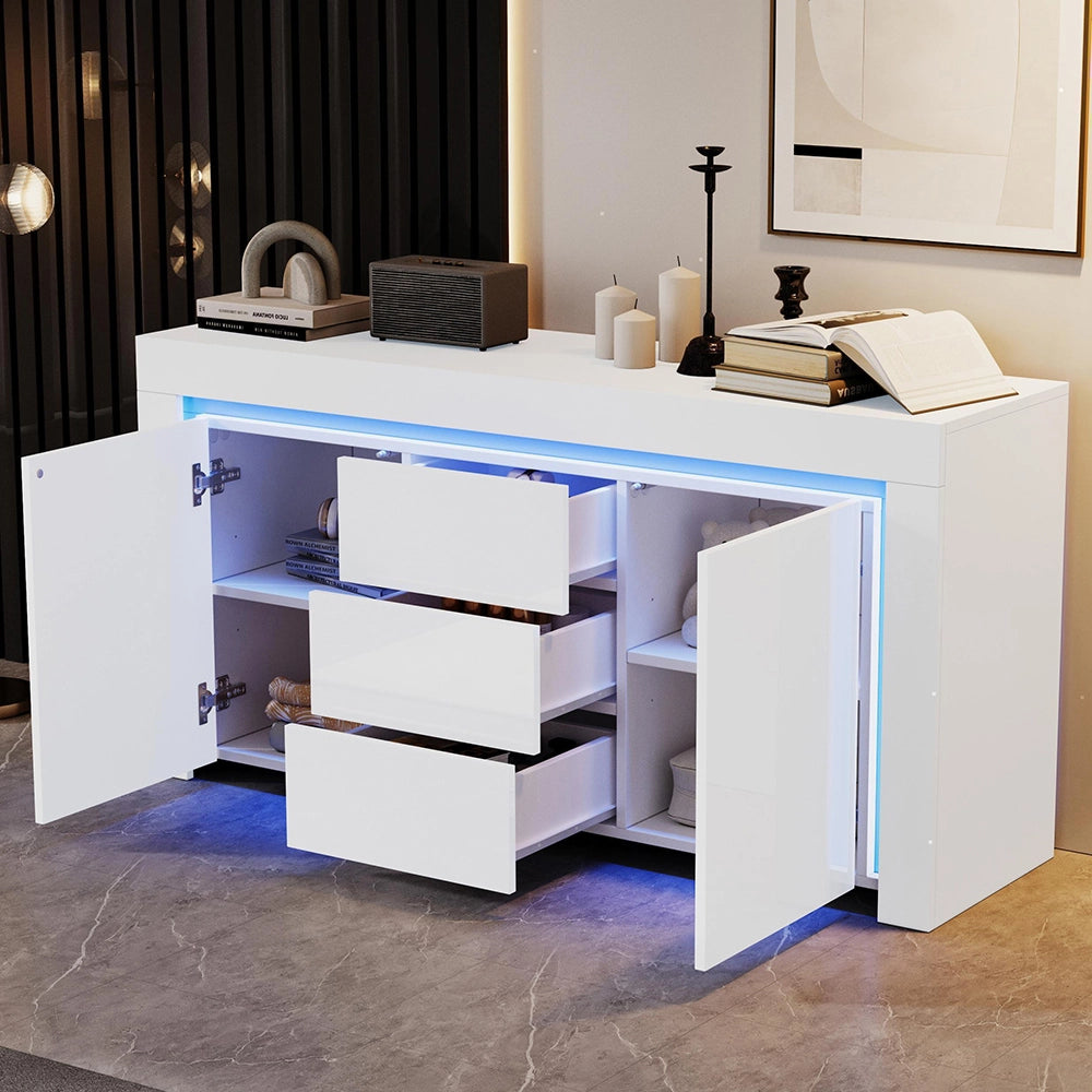 Credenza Soggiorno 140x40x65cm - Xylo - 3 Cassetti e 2 Ante Lucide con LED, Bianco