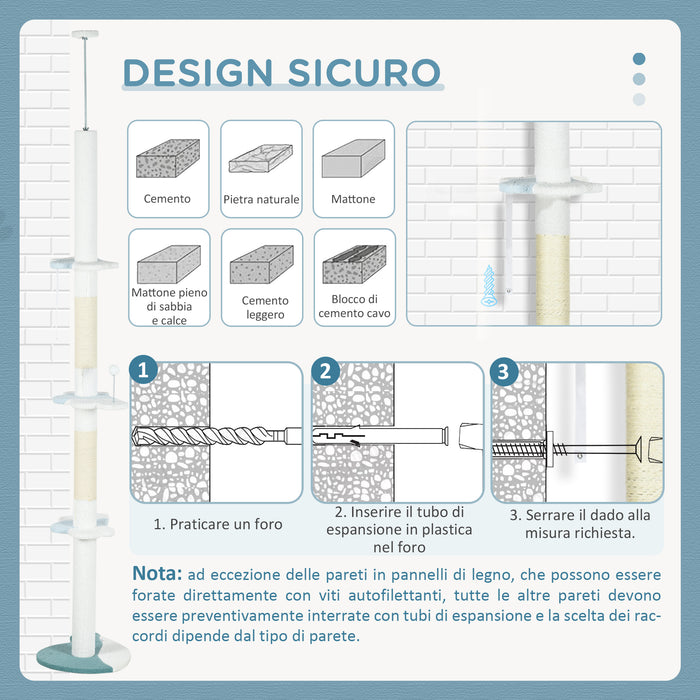 Albero Tiragraffi per Gatti a Soffitto con Palo Regolabile da 225-255 cm in Peluche Bianco