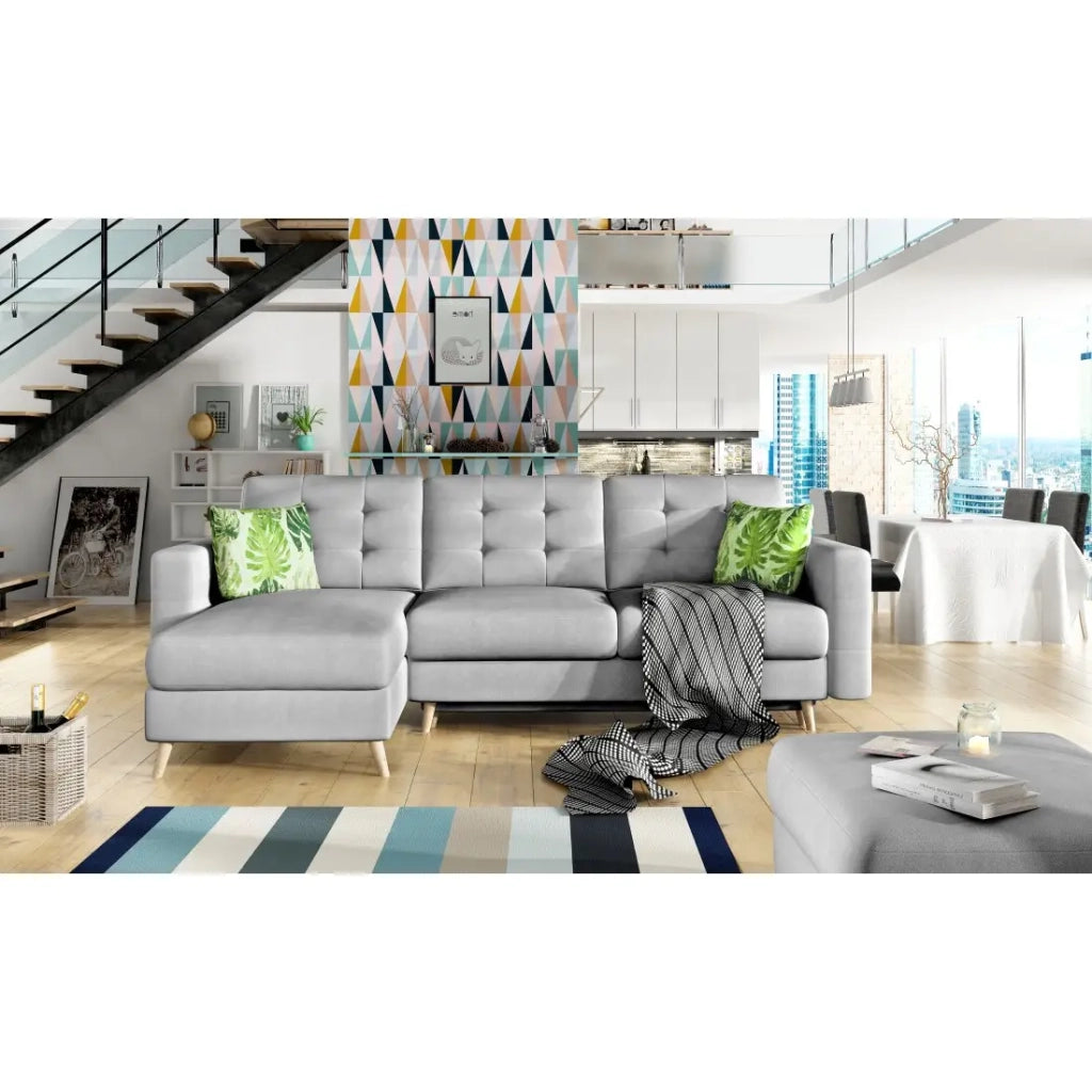 Divano angolare convertibile HASGARD 3 posti grigio 248x162 cm - con vano contenitore e piedi in legno
