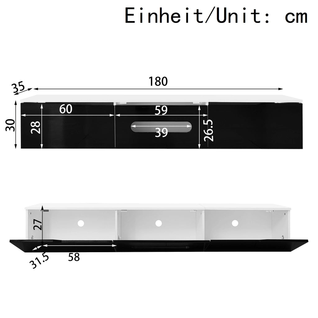 OKWISH Mobile TV con 3 Ante e LED, Montaggio a Parete o a Pavimento, per Soggiorno, MDF, Nero e Bianco, 180×35×30 cm