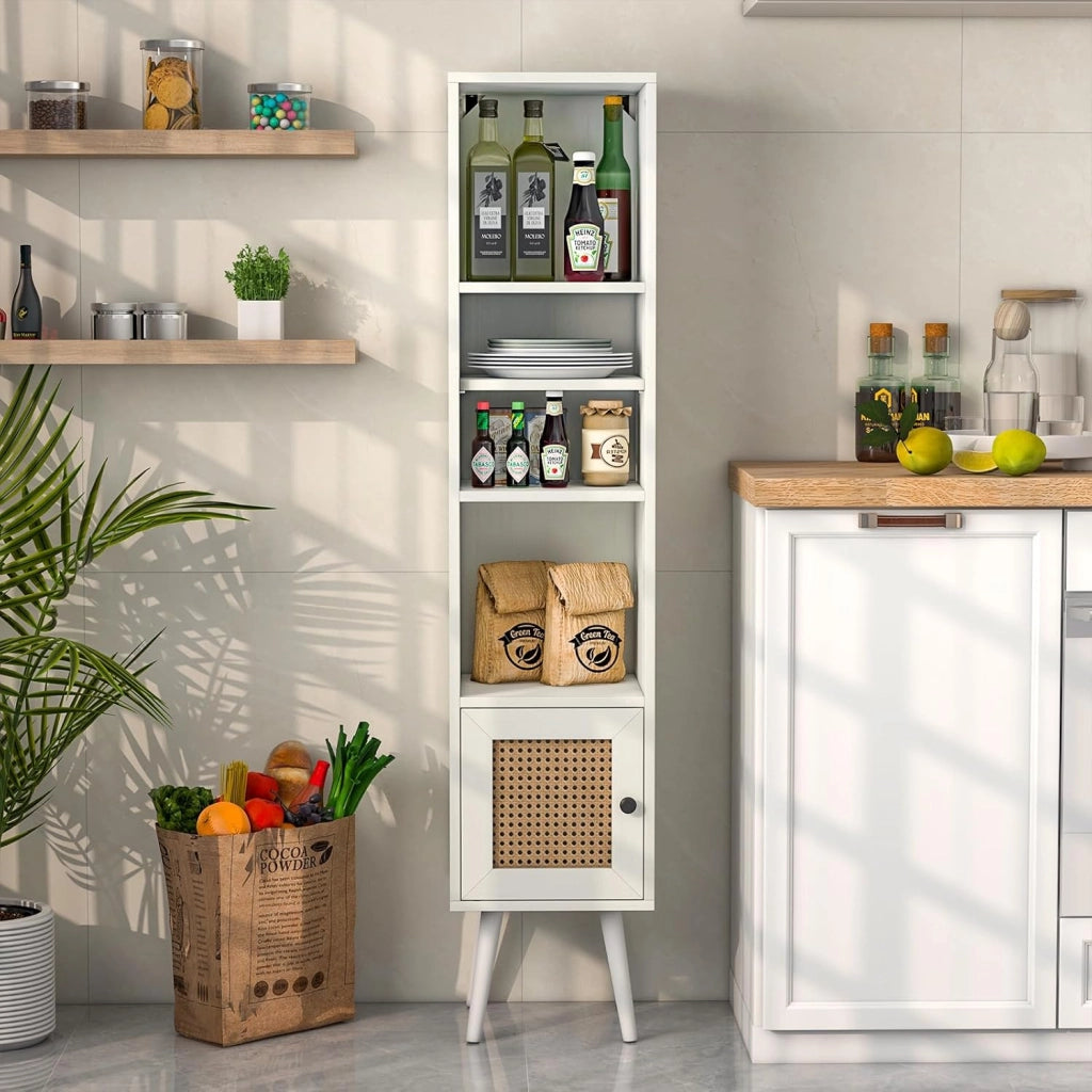 Libreria Scaffale con Anta in Rattan Naturale, Scaffale Legno in Stile Boho con 3 Ripiani Regolabili in 12 Posizioni, per Soggiorno Cucina e Camera da Letto, 29,5 x 29,5 x 137 cm (Bianco)