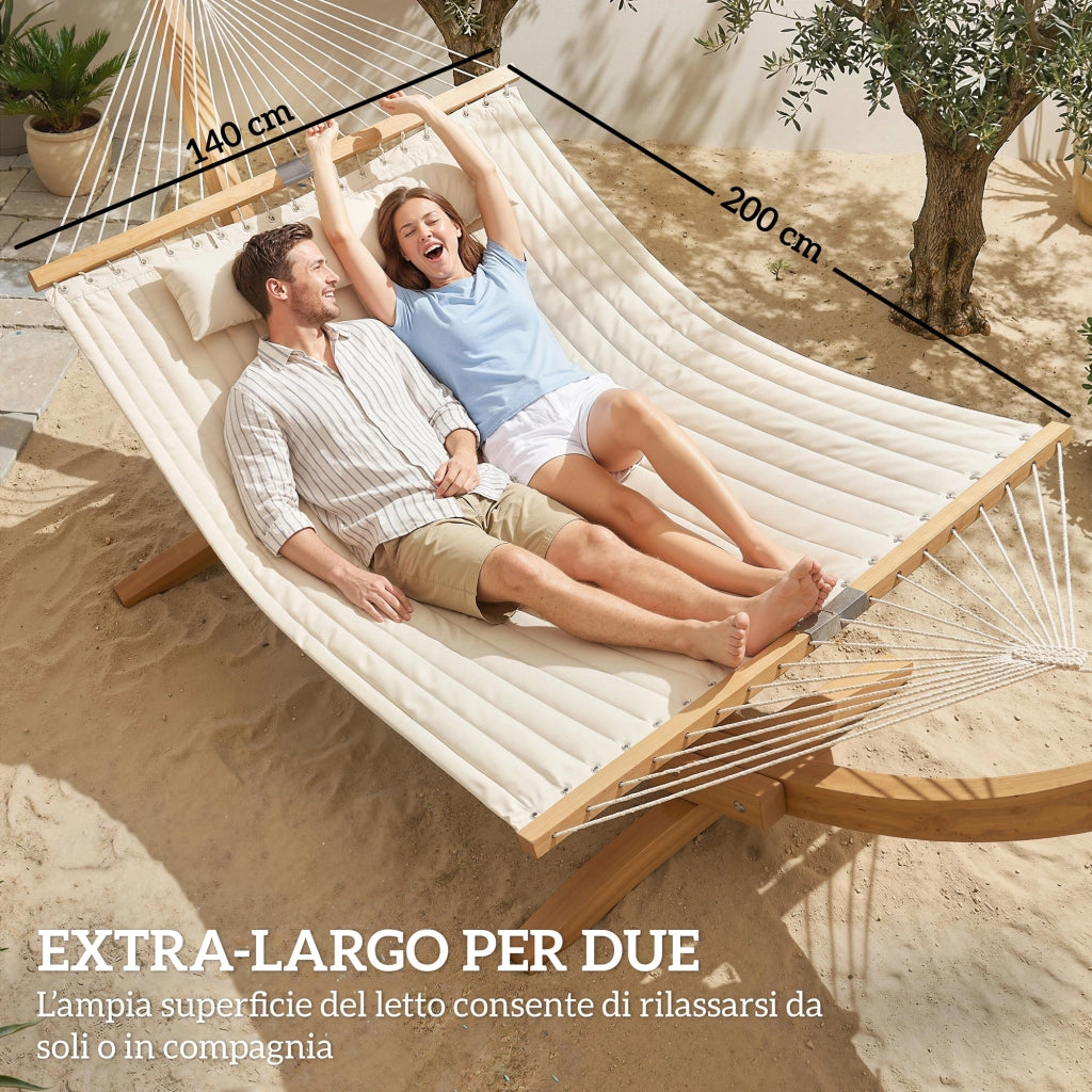 Amaca da Giardino 325x140x2,5 cm con Cuscino e Tasca in Poliestere con Barre di Legno Bianco Crema
