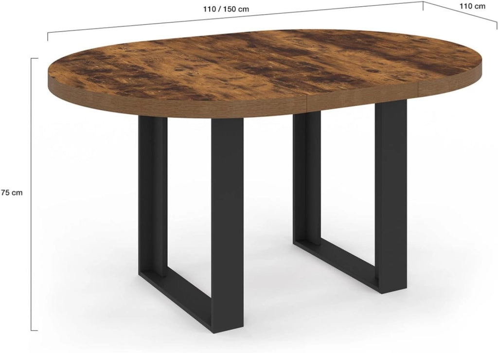 Tavolo da pranzo rotondo allungabile PHOENIX 4-6 persone in legno scuro effetto invecchiato e nero 110-150 cm
