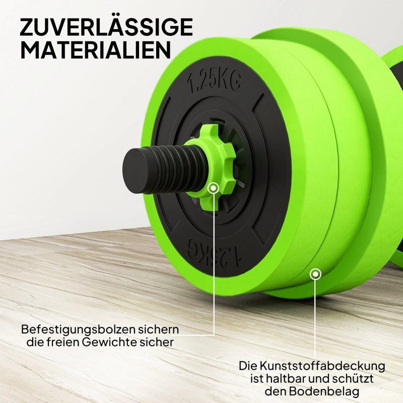 Set di manubri 4 in 1 da 20 kg con manubri regolabili, bilanciere, kettlebell e maniglie per flessioni, colore verde.