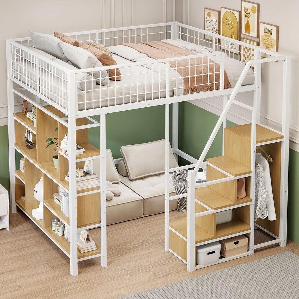 Letto a Soppalco Multifunzione 140x200 ¨C MINIMAL ¨C Bianco, Metallo, Contenitore con Scaletta