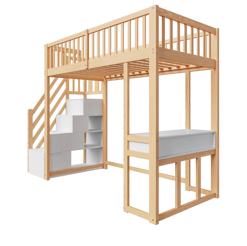 Letto a soppalco 90x200 cm con tavolo multifunzione e scala contenitore; bianco e rovere chiaro