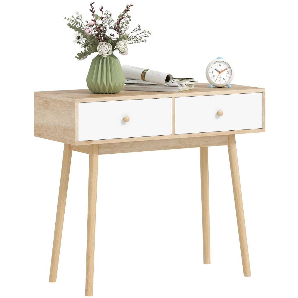 Tavolo console con 2 cassetti e gambe in legno ¨C Zephmum ¨C Bianco e quercia 86x35x75