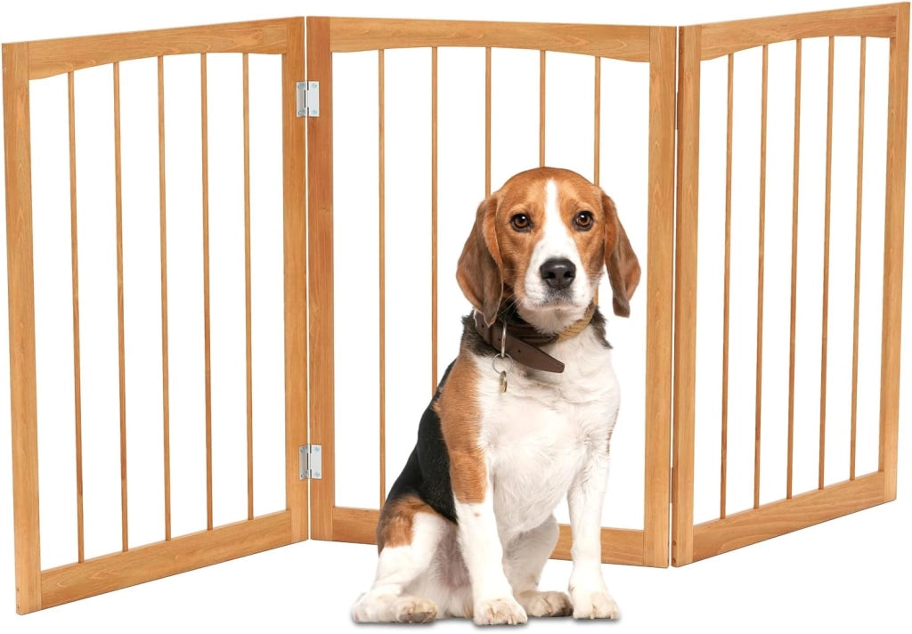 Cancelletto in Legno per Cani 159 x 76 cm, Recinto per Bambini, Cancello Pieghevole a 3 Pannelli per Porte, Scale e Corridoi (Naturale)